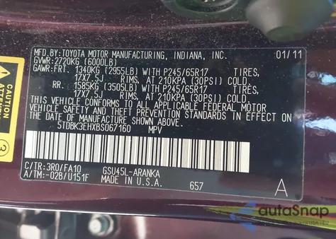 2011 Toyota Highlander Base V6 z USA, uszkodzony, nr VIN 5TDBK3EHXBS067160